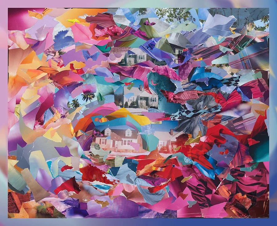 A vibrant contemporary paper collage titled "A New Body" by Camille Javal, featuring an explosion of layered textures with rich cosmic colors.