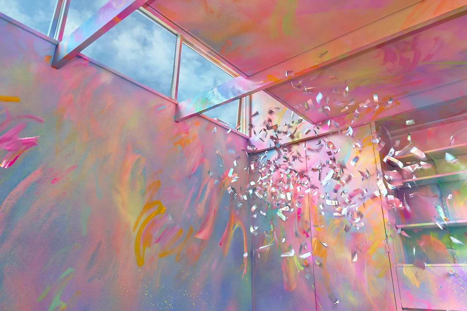 Silver metallic confetti streamers explode in front. of a pastel abstract mural. The mural features brushstrokes that resemble butterflies and rainbows, the paint covers the walls and ceiling.