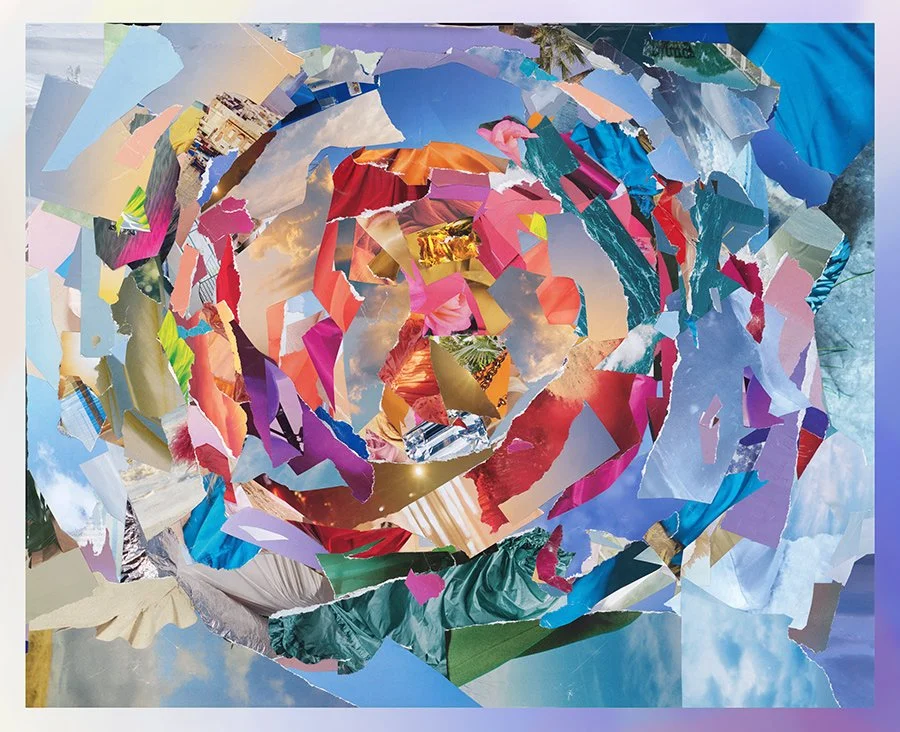Original, vibrant contemporary paper collage featuring layered textures, rich colors, and a dynamic swirling composition exploring the theme of christ consciousness.