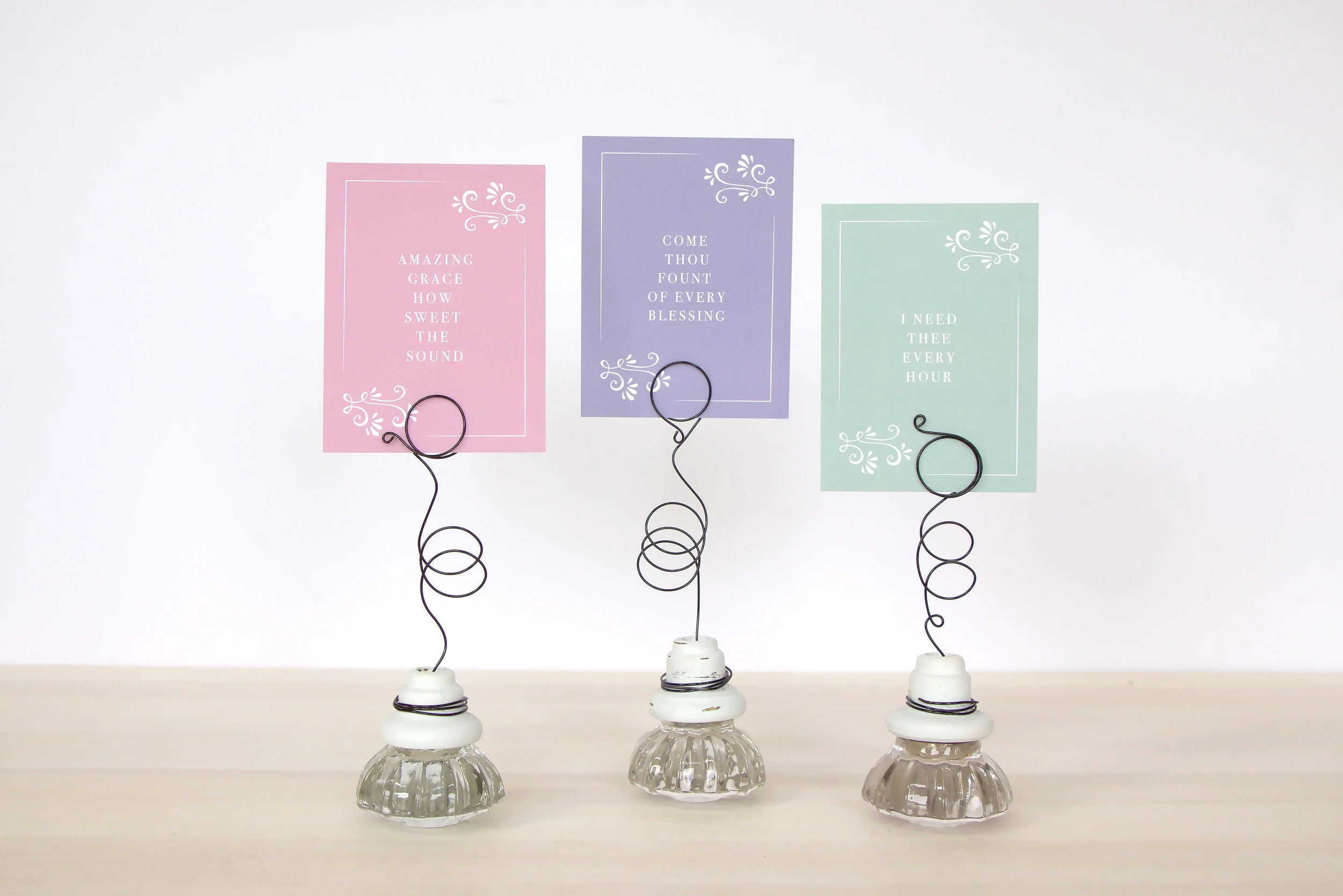 Hymn Inspired Cards and Vintage Glass Doorknob Card Holders from Live Oak Boutique. www.liveoakboutique.com