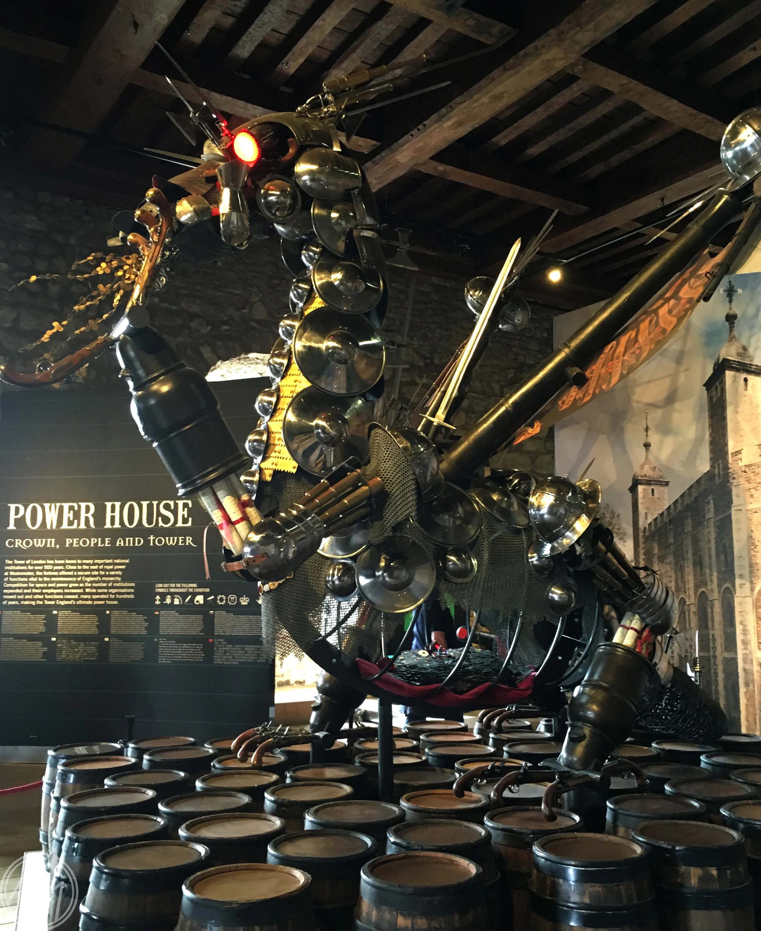 this dragon sculpture in the museum is a replica of one that has existed since the 1700s. made entirely of different types of weaponry, this was meant to intimidate any visitors - friendly or otherwise - who came to the castle. 