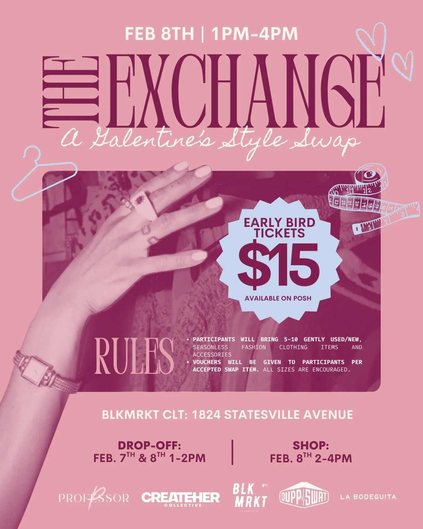 ALL GALS! Join Professor P x @createher for The Exchange: A Galentine&rsquo;s Style Swap on Sunday, February 8, from 1-4 PM at @blkmrktclt, @duppandswat, and @labodeguita!

-DROP OFF: From 1-2 PM, bring 5-10 curated, gently used/new clothing and acce