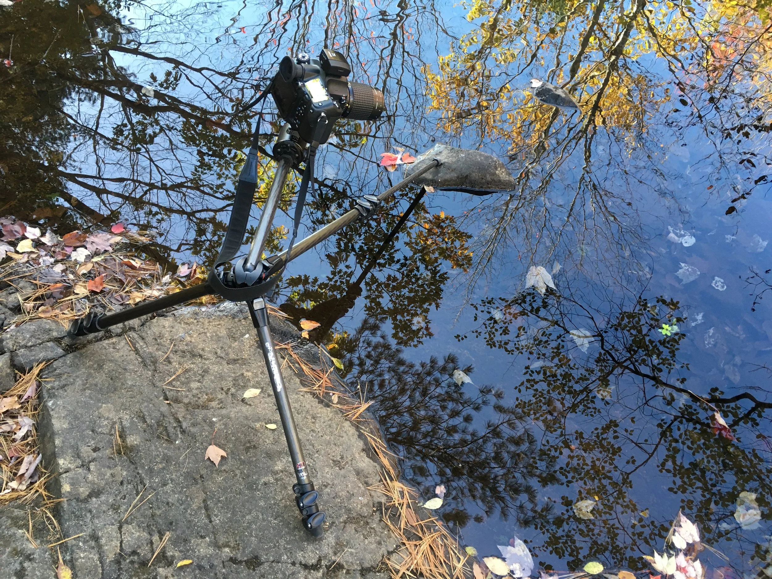 Choose a tripod with legs that extend outward as well as just up and down. Mine has a center post that extends outward too, allowing me to place the camera out beyond the legs and position it in hard to reach places, like out over this small stream at Duck Brook.