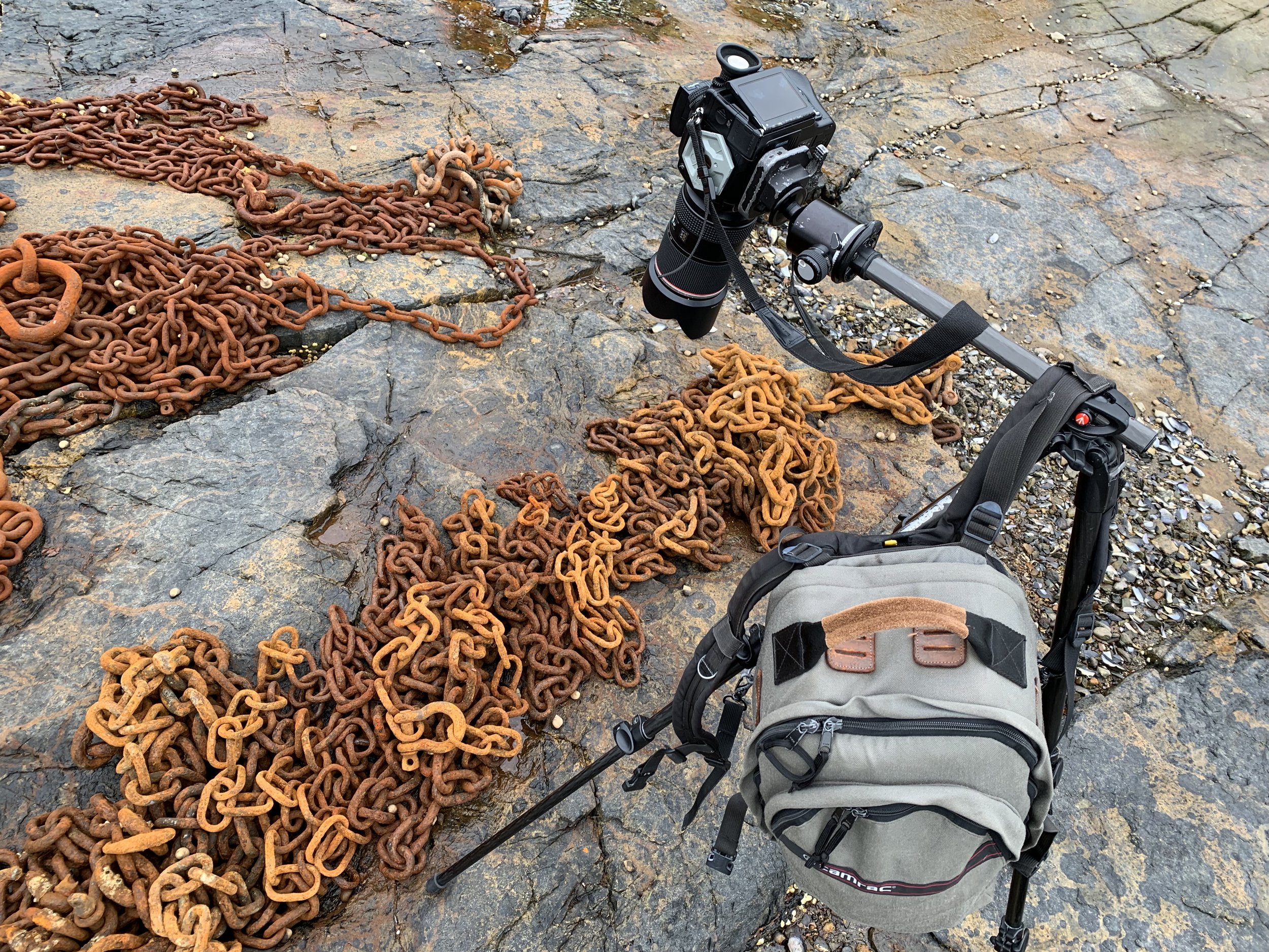 Center column extended out while photographing chains at Northeast Harbor, with camera bag as counterweight