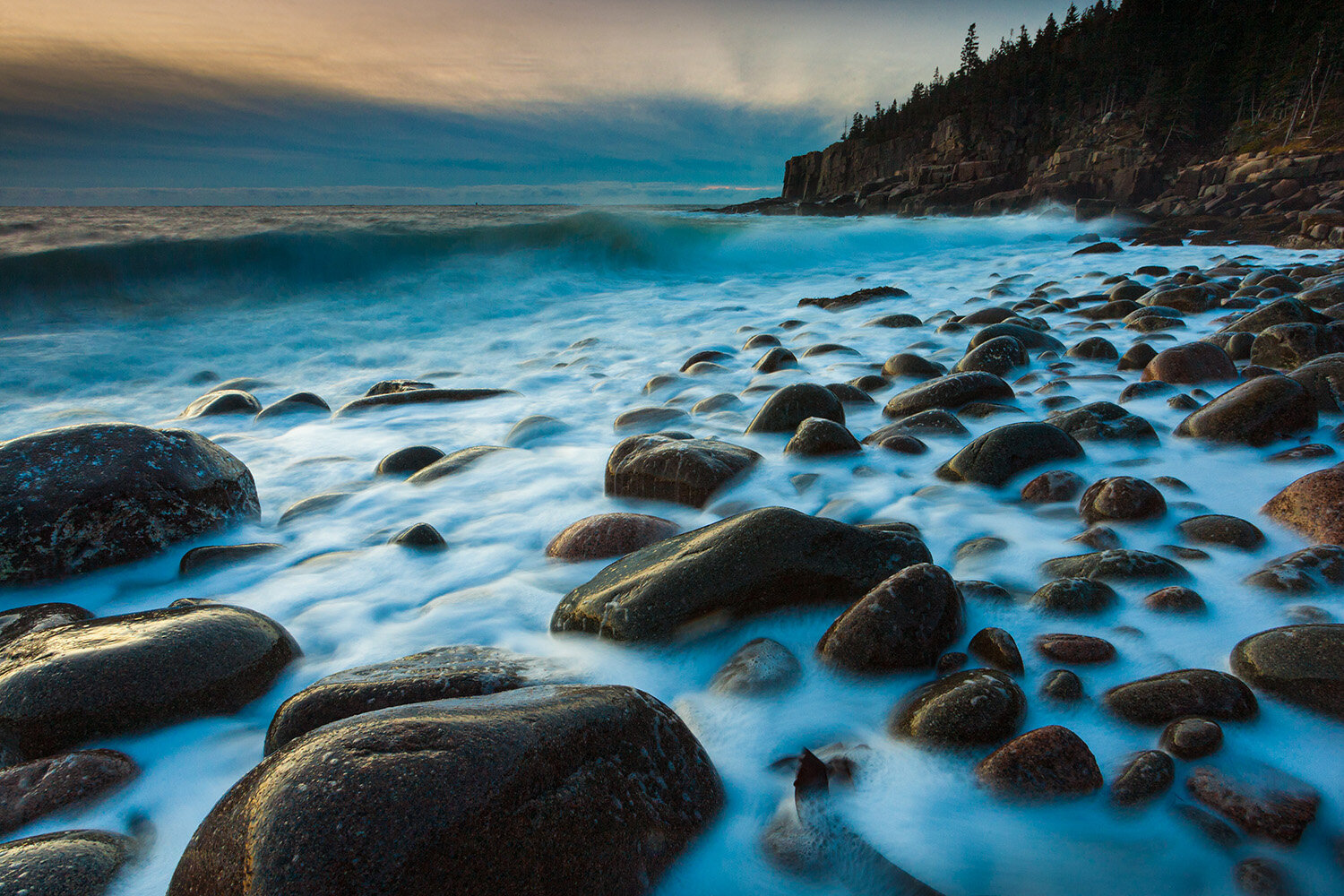 Dawn at Otter Cliff- Waves Washing Ashore at the Boulder Field