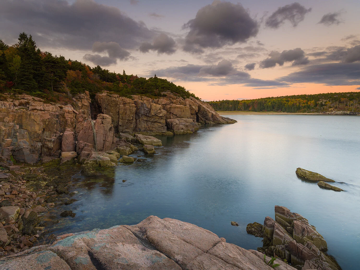Sunset along the eastern coast of Acadia National Park, Maine, U