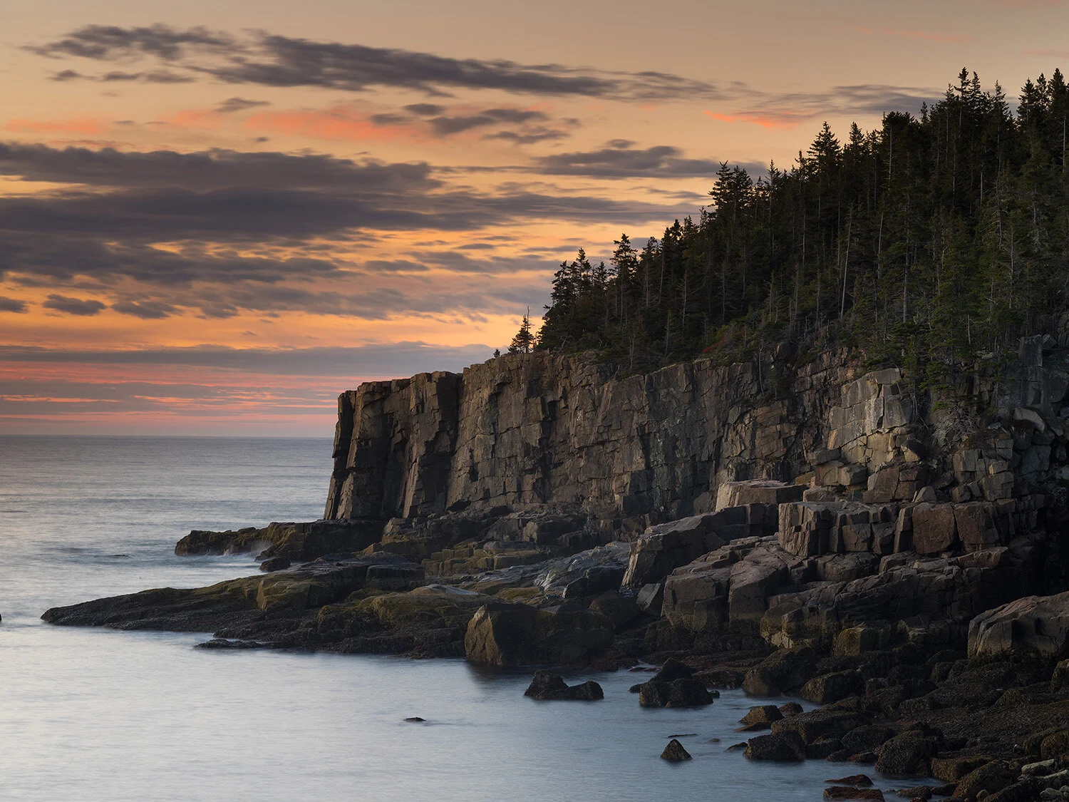 Dawn and Sunrise at Otter Cliff, Acadia National Park, Maine, US
