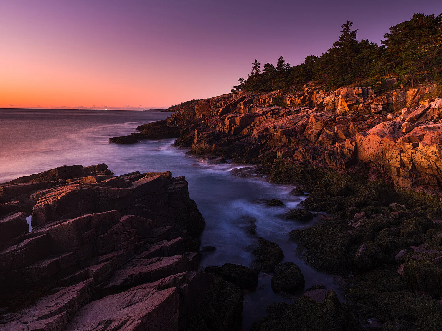 Sunrise along the rugged Maine coast, Acadia National Park, Main