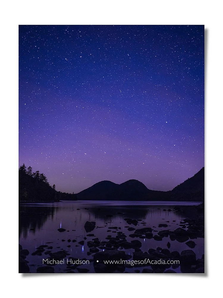 Night sky above Jordan Pond, Acadia National Park, Maine, USA