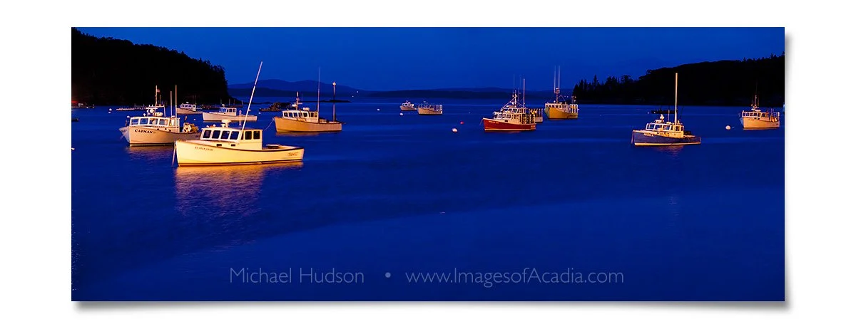 Fishing boats at night in Frenchman Bay, Bar Harbor, Maine