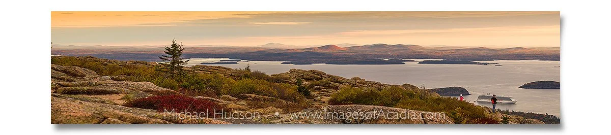Sunrise from Cadillac Mountain looking down on Frenchman Bay, Ac