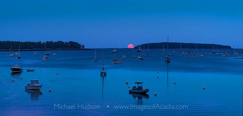 Full moonrise over Southwest Harbor, Mount Desert Island, Maine,