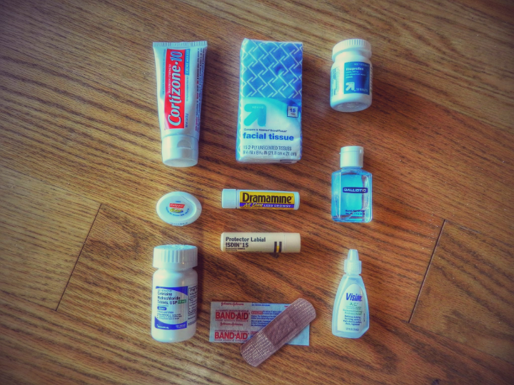 Is better to be cautious. Take a small portion of everything: Insect Bite Repellent, Pepto-bismol, Dramamine (do not take it unless you really need it), Ibuprofen, Sanitizer, Cortizone and Cetrizine (only use if you get a heat rash), protector labial, band aids...