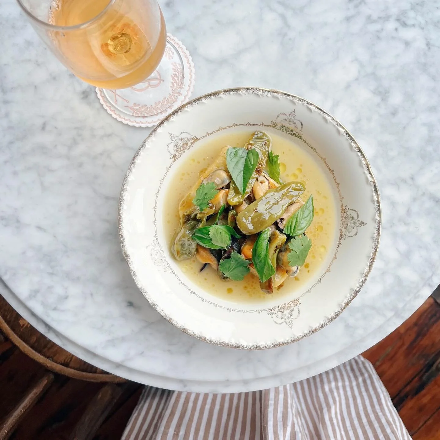 POV: You just killed a bunch of spotted lanternflies and you&rsquo;re feeling good about yourself. You decide a little treat is in order, so you walk into Brunette and find mussels with blistered shishitos, green yuzu kosho &amp; panisse on the menu.