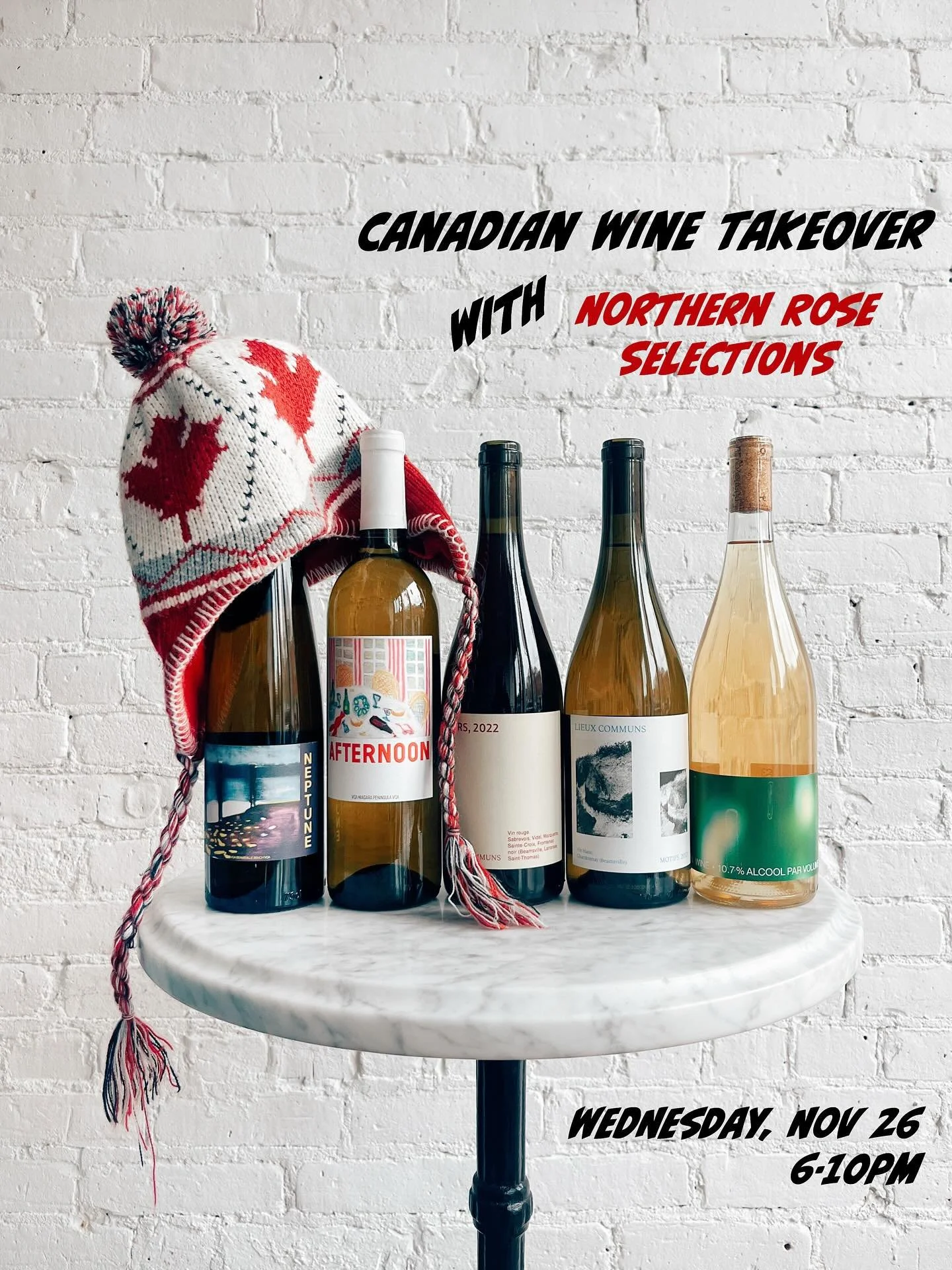 Stellar Canadian wines, Alanis and Shania, cheese curds and gravy over extra crispy potatoes, and the singular Kristin from @northernroseselections! Sounds like a good time, eh? 

Thanksgiving Eve
6-10pm
Wear your best toque!