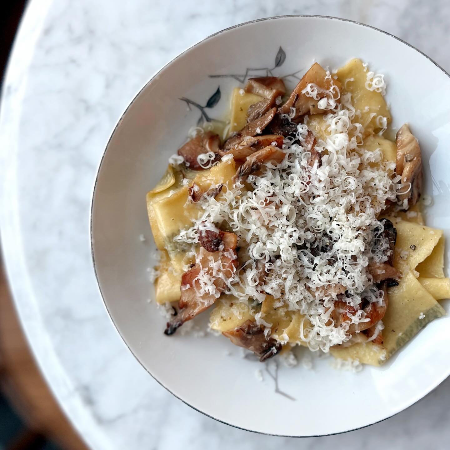 Sage pappardelle with blue oyster mushroom, brown butter, and Gruy&egrave;re 🤌 #neverskipthepasta