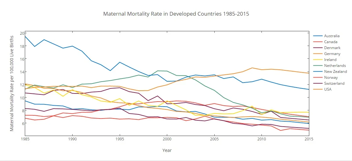 The USA is the only country among the top 10 developed nations in which the maternal mortality rate increased from 1985 to 2015.