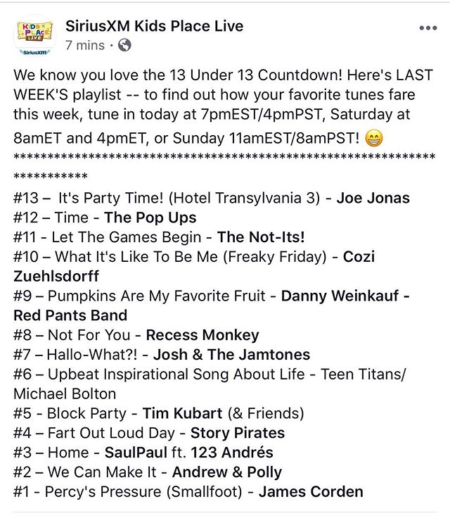 Awwwyea! Our jam Hallo-What?!? Is #7 on this weeks @siriusxm @kidsplacelive countdown. Tune in this wknd to see if we hit the hi note!! #hallowhat? #halloween #kidstunes #kidsrock #fitfam #ska #reggae #kindie #pumpkin