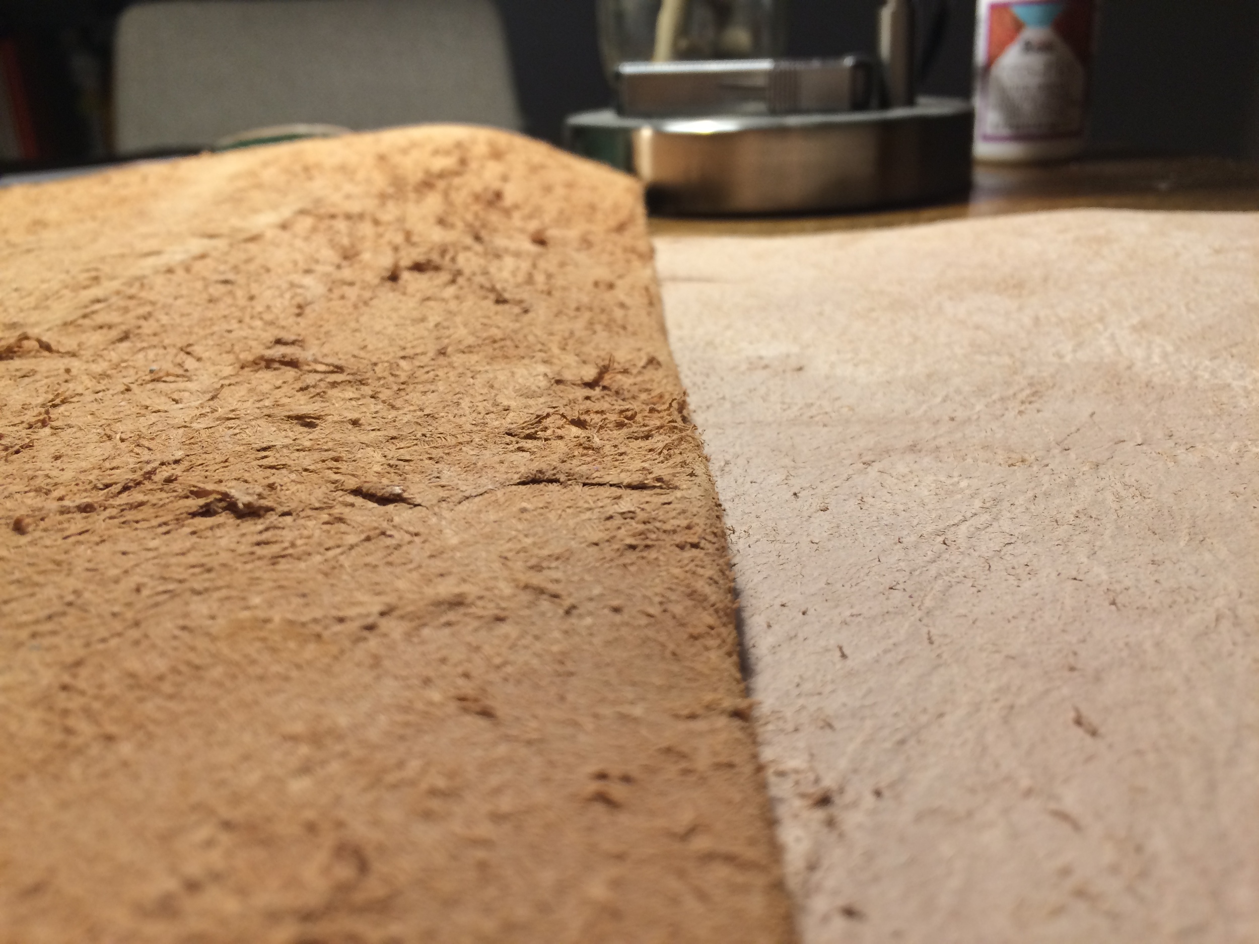 Neither of these would be considered high quality, but you can tell the one of the left definition has messier fibers. Be sure to matte down the fibers in both situations.