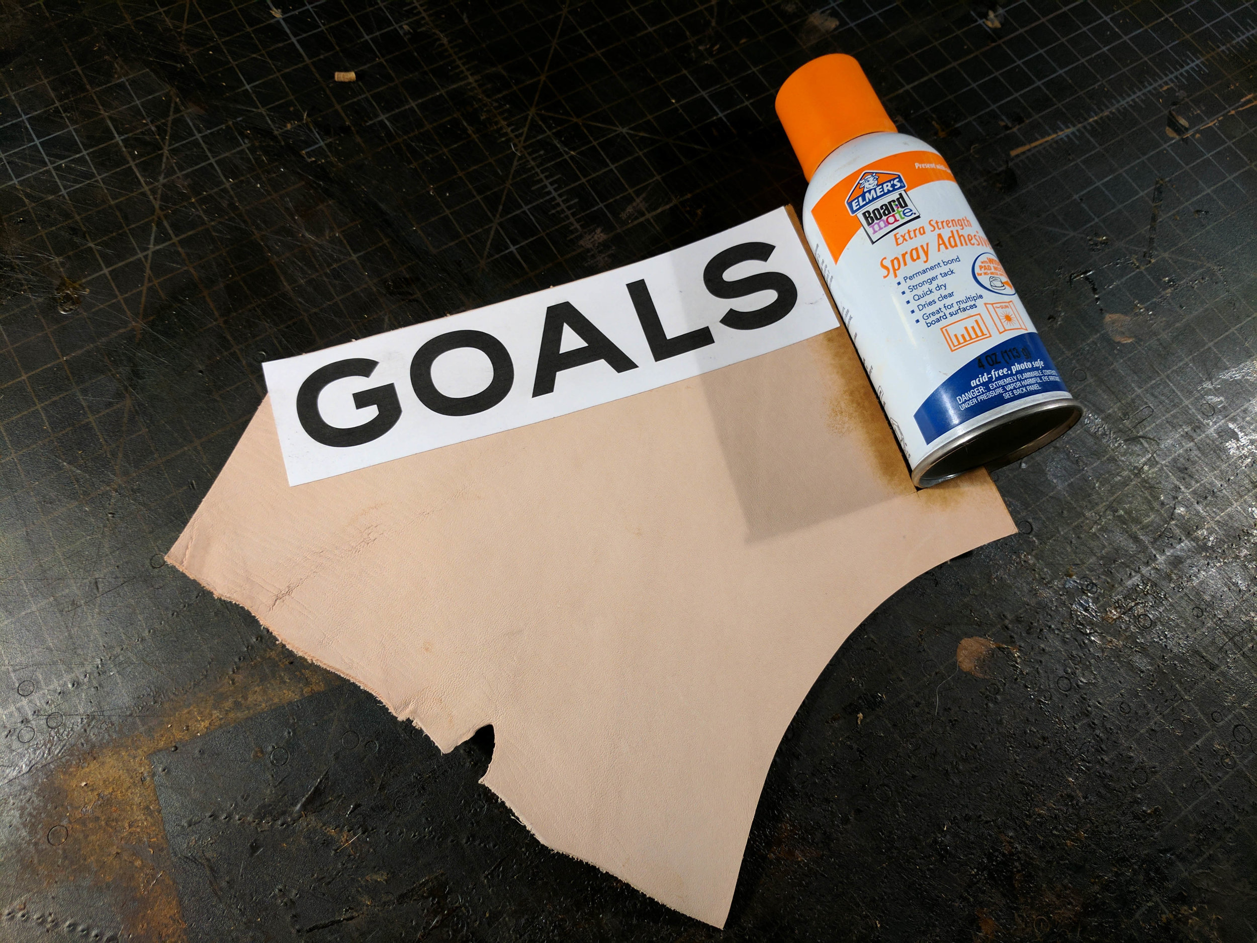 I started this project by printing out the word in the font I wanted, then glued the paper to a piece of leather using a spray glue, and finally cut out each letter.