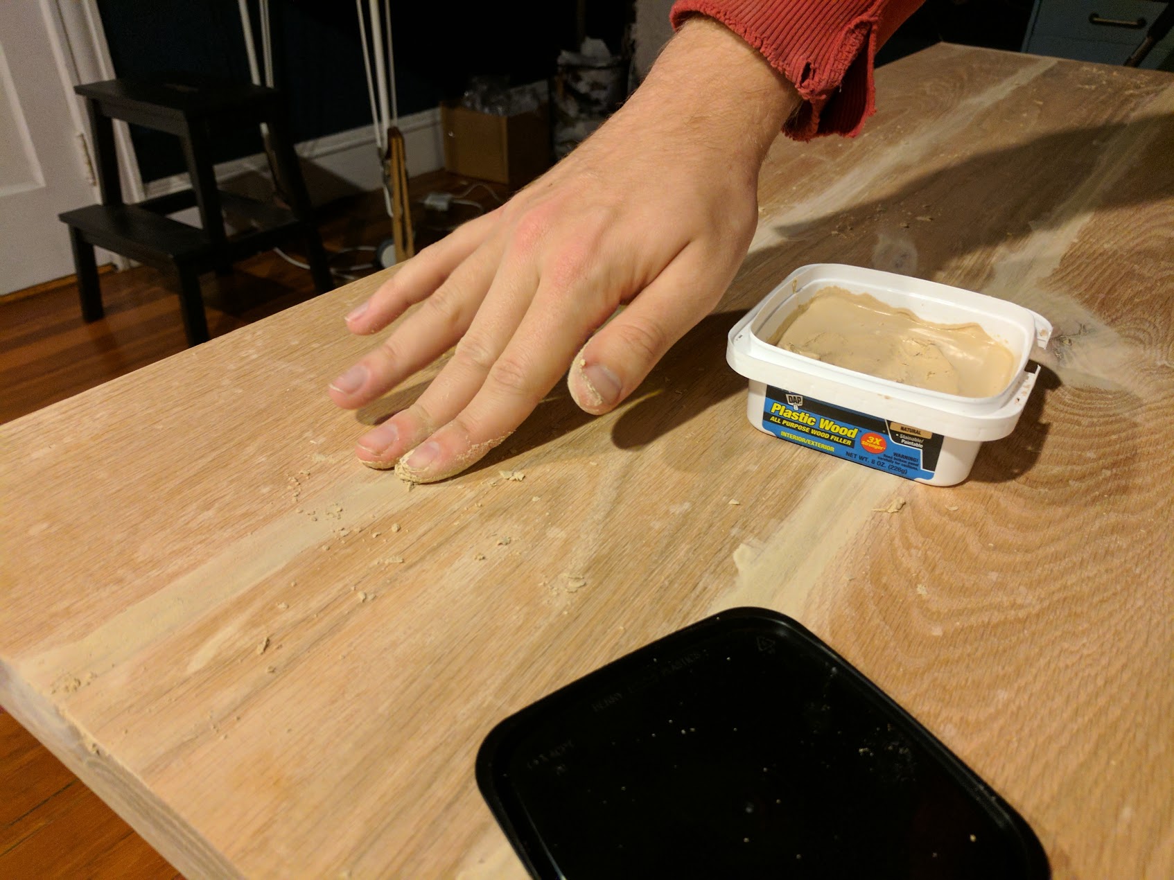 Apply wood putty.