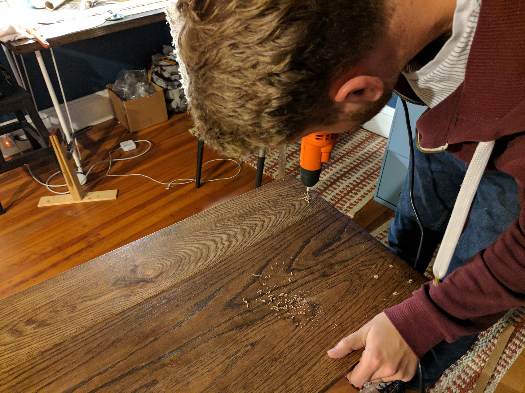 Drilling pilot holes.
