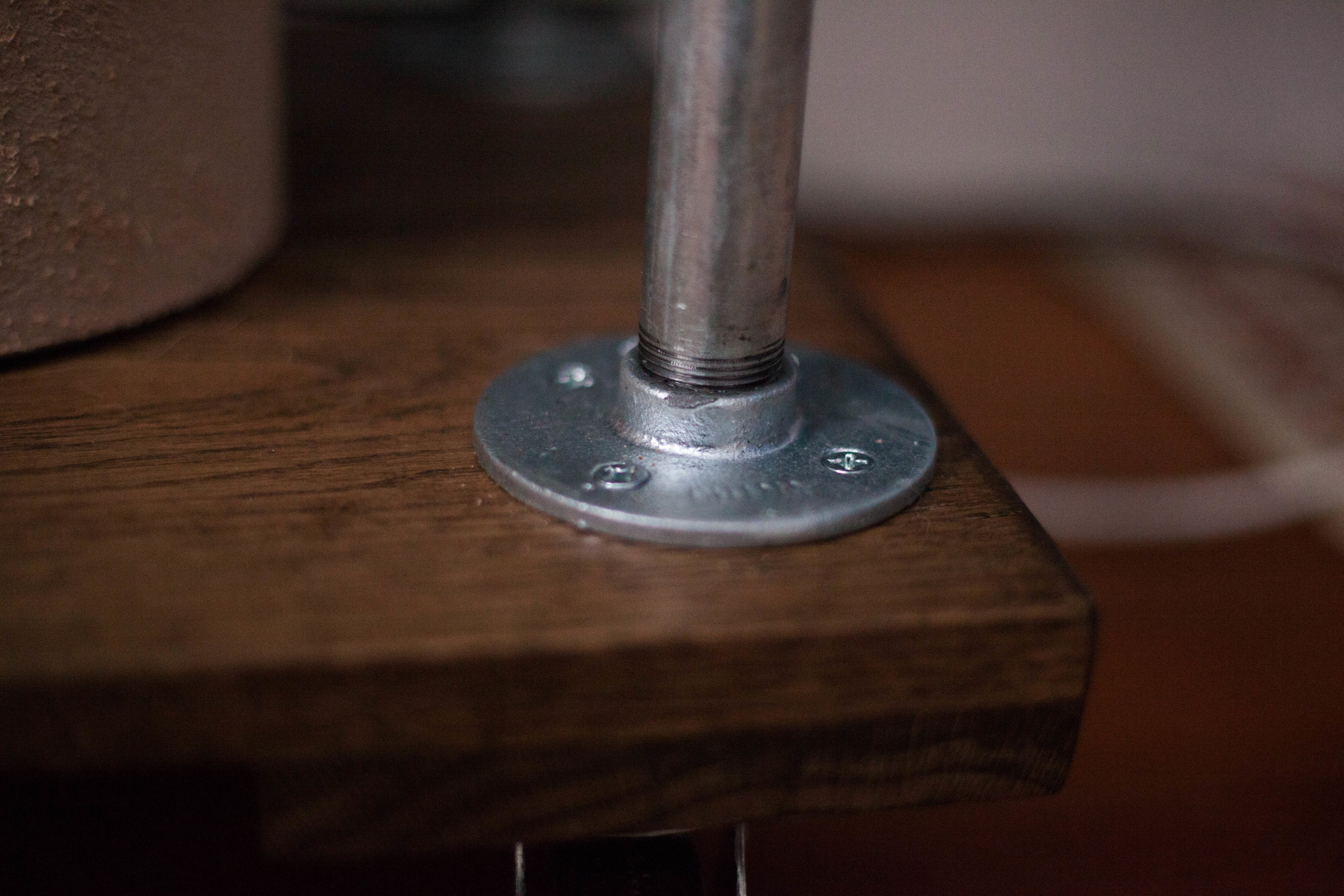 The base of the leather rack where the floor flanges have been attached.