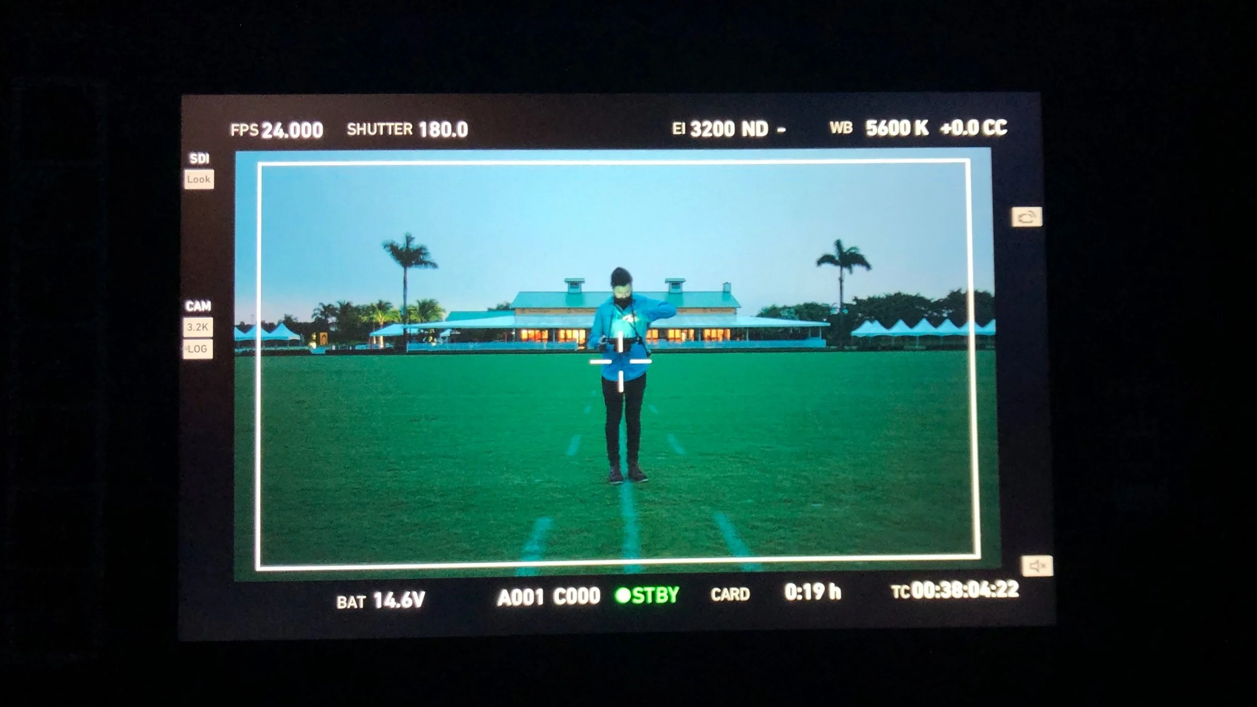 Me standing in the frame and looking in my director’s monitor. Obviously didn’t shoot at 3200 ISO. This was about 30minutes before we rolled and we were exposing the image for the light at the time. The actual shot was at 800 ISO.
