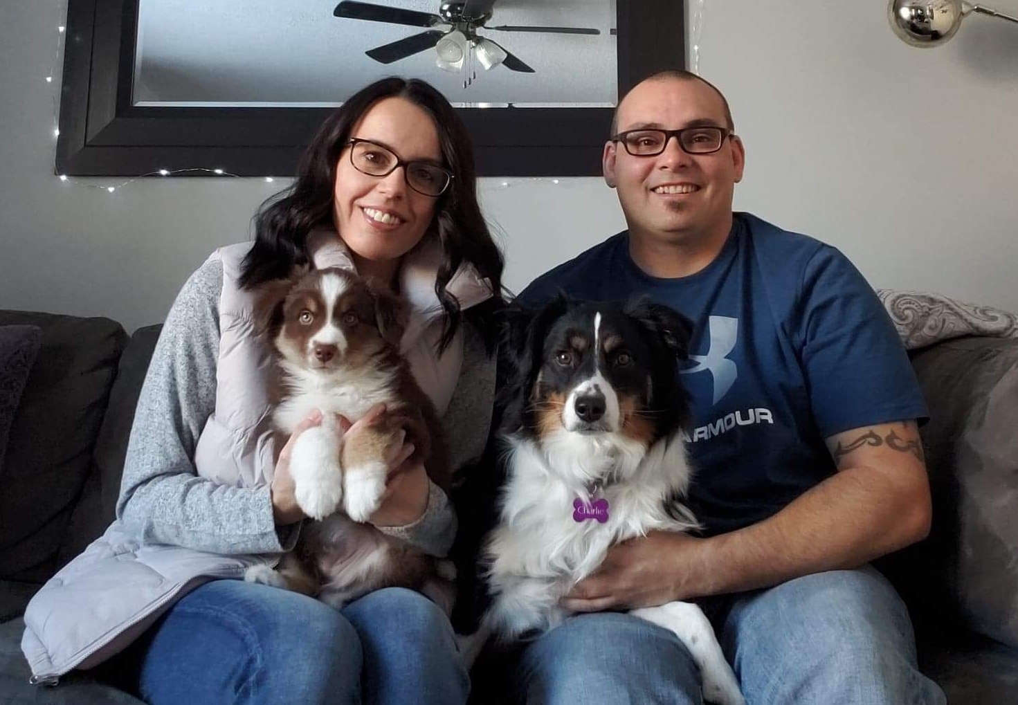 “Kash” Congratulations Corie & Aaron and Kash’s half sister Charlie on your second puppy. He had a long flight to Saskatchewan but he made it safe and sound. Enjoy your pups!