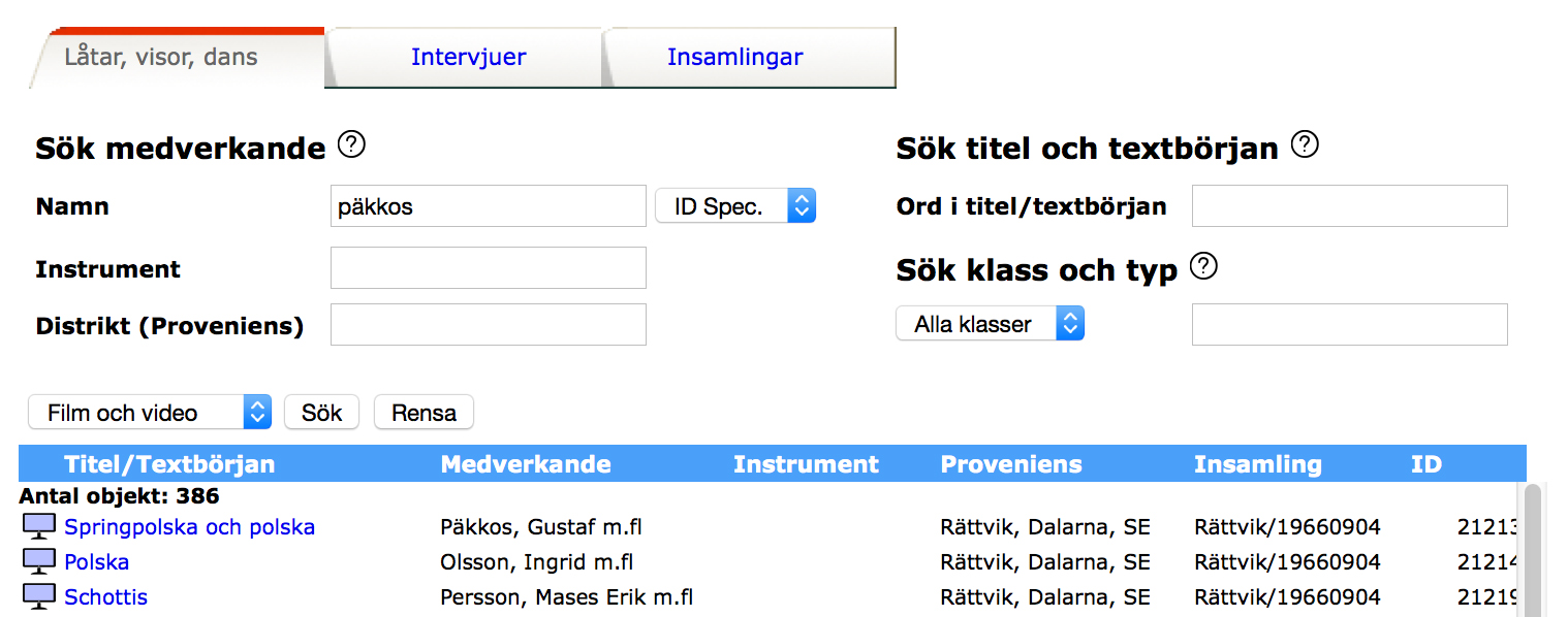 Exempel på sökning i WebbFIOL