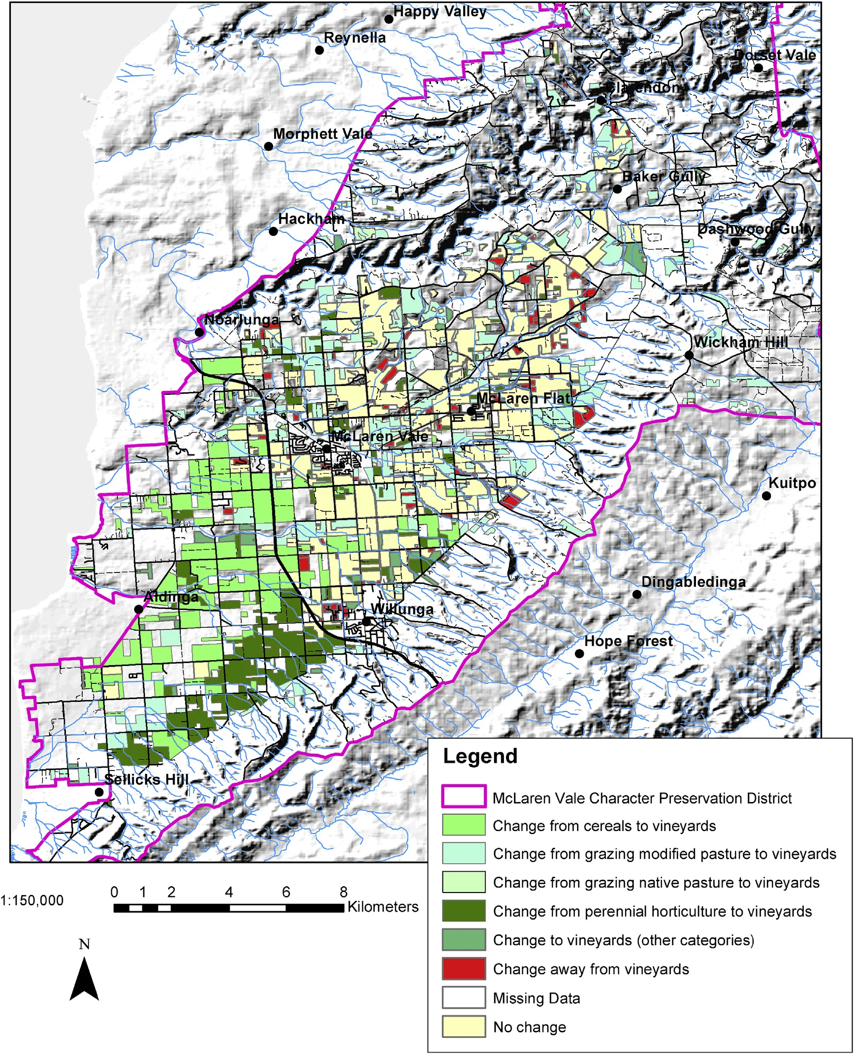 The McLaren Vale region of South Australia, showing changes in agricultural land use, 1993–2008 ( Source: Government of SA data )