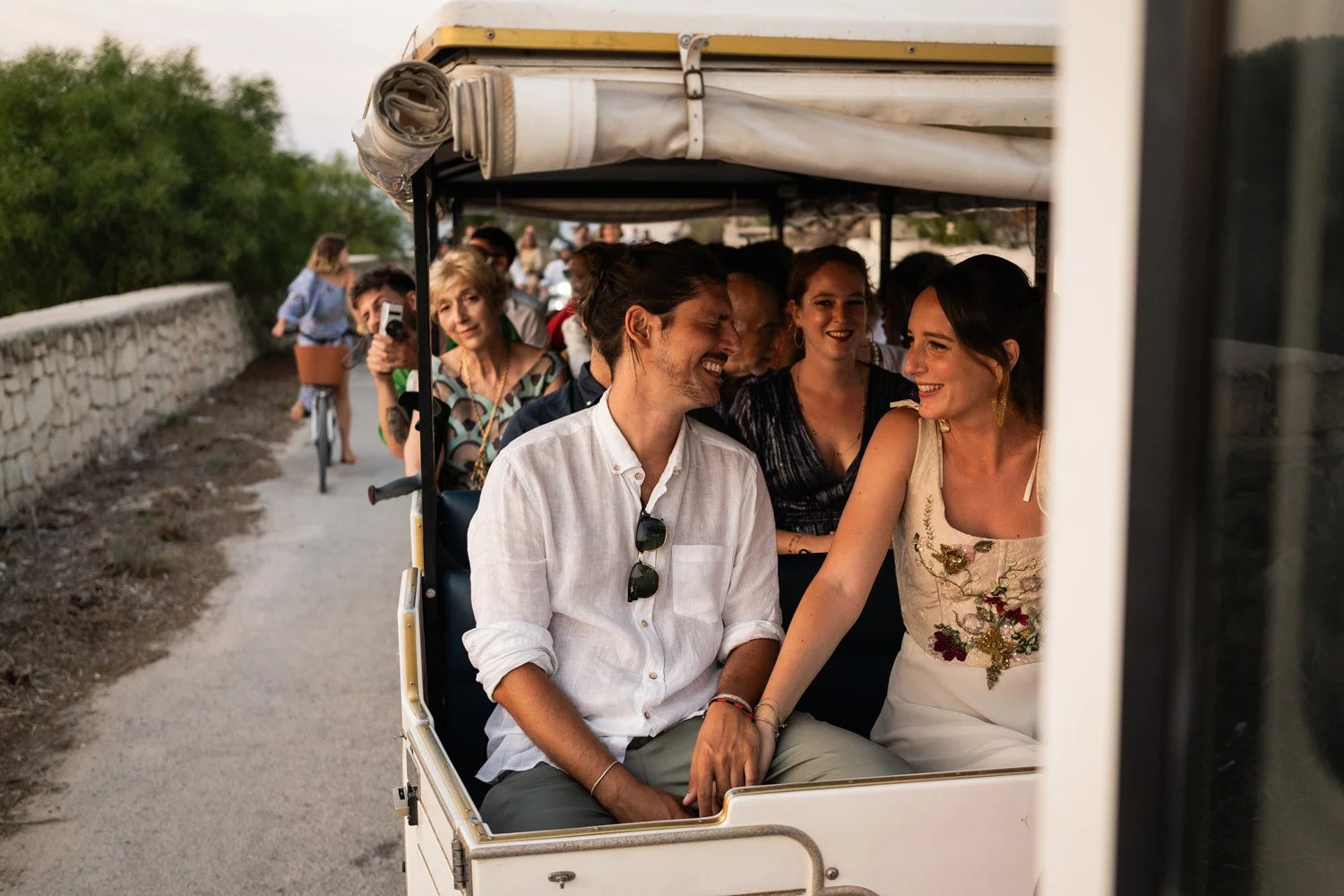 bride and groom on the train 