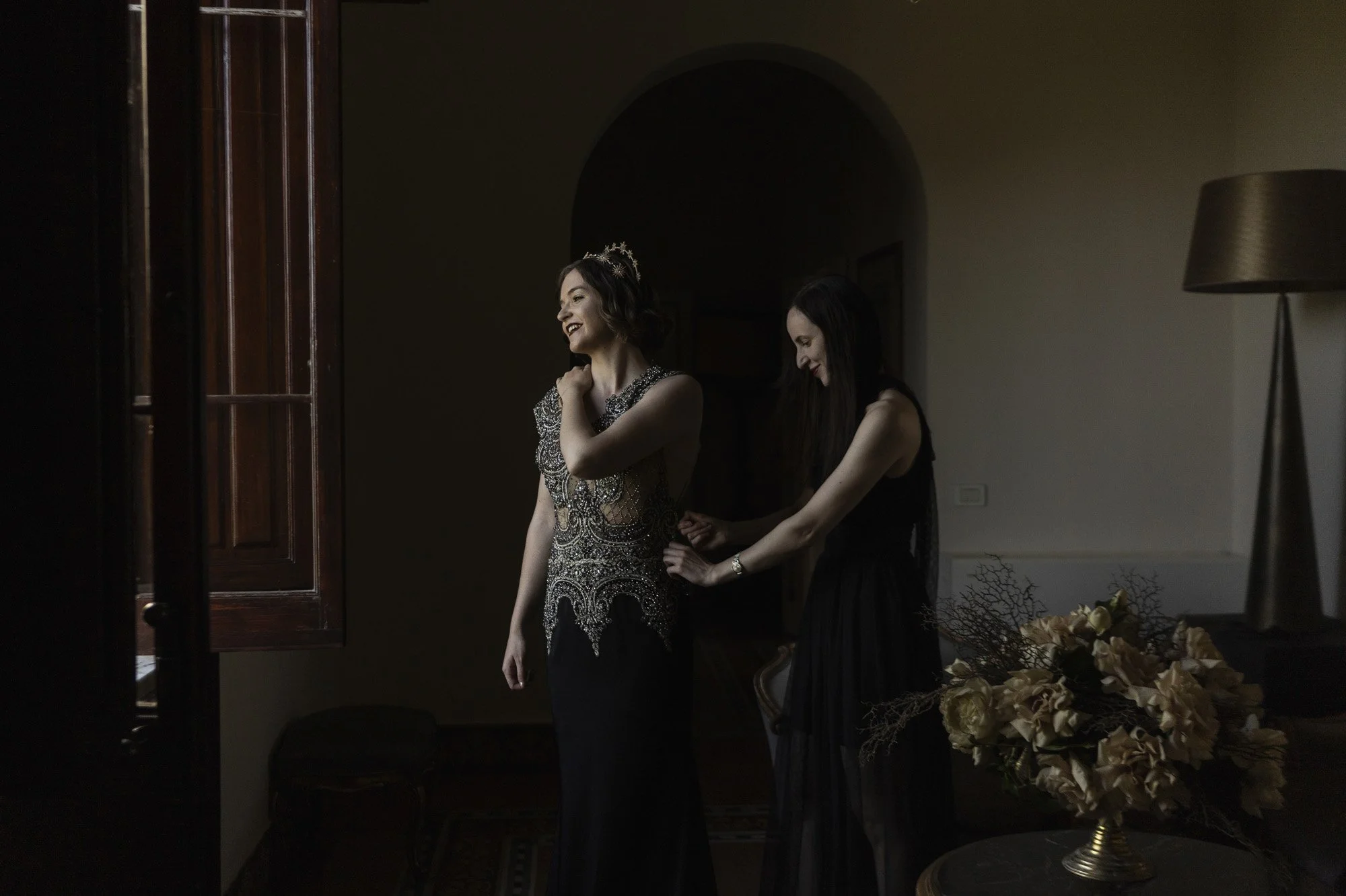 Bride getting ready emotional light at Villa Favorita Marsala
