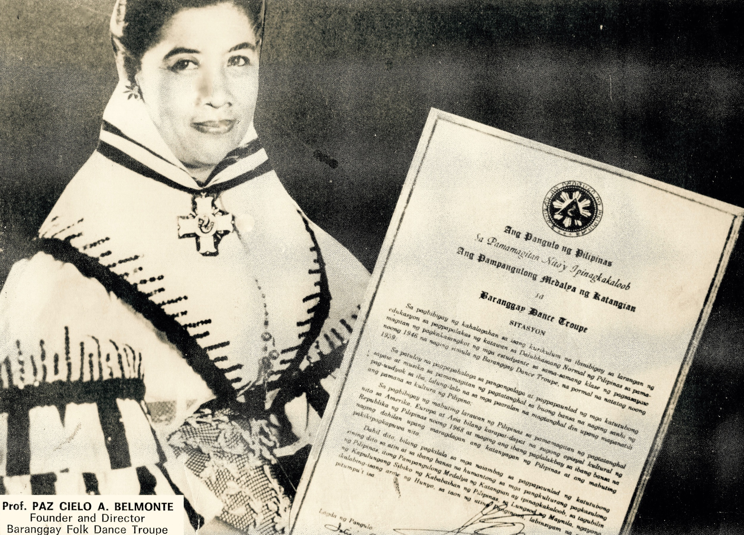 Dr Paz Cielo A Belmonte classic portrait after receiving the highest Presidential Awards - a traditional awards by the President of the Philippines to outstanding citizens and organizations known as the Presidential Medal of Merit, for outstanding contribution to ADVANCEMENT OF PHILIPPINE CULTURE .