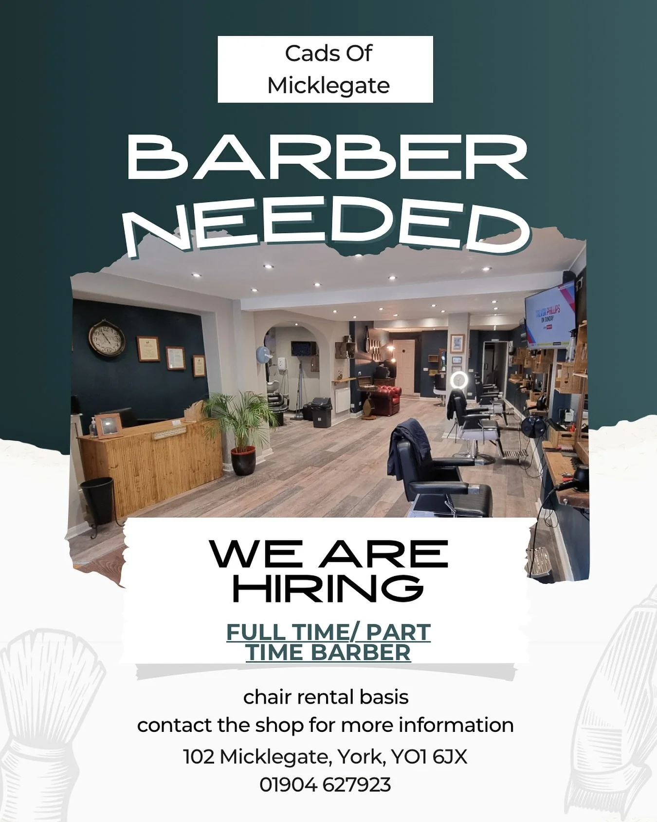 BARBER NEEDED! In one of York&rsquo;s busiest salons

Either full time or part time work &amp; will be on a chair rental basis.

Please contact the shop for more information on 01904 627923 and ask to speak to either John or Amy.