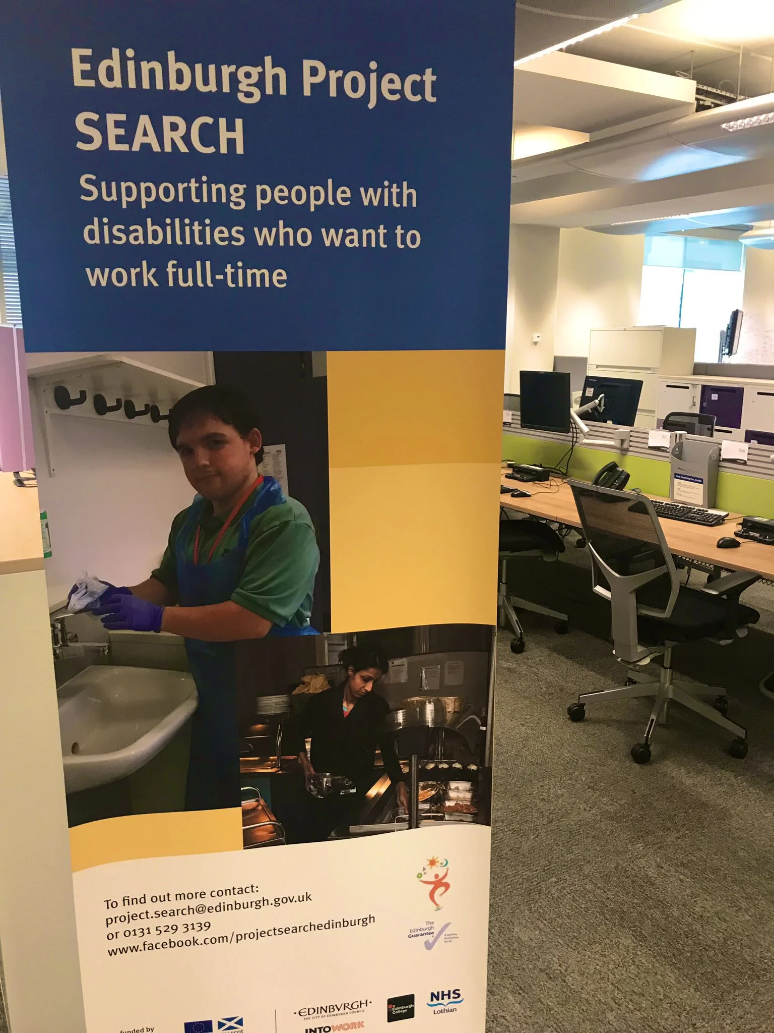 IMAGE: Project SEARCH banner at Edinburgh’s classroom. Banner reads “Supporting people with disabilities who want to work full-time”.