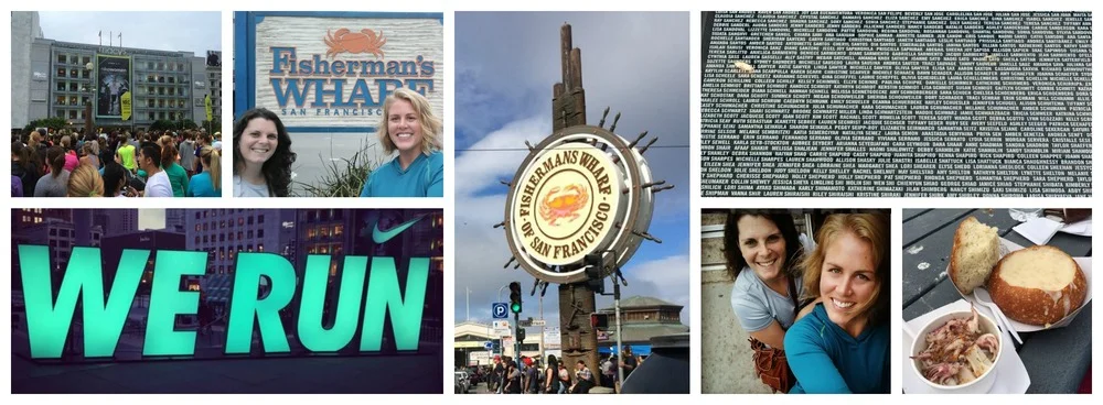 Clockwise from top left: Union Square before the Saturday Shake Out run; Anna and I at Fisherman's wharf; More Fisherman's wharf; Wall of names at the Nike store; Claw chowder bread bowl and seafood at Fisherman's wharf; Cable car riding with Anna; the Nike SF WE RUN sign lit up in Union Square