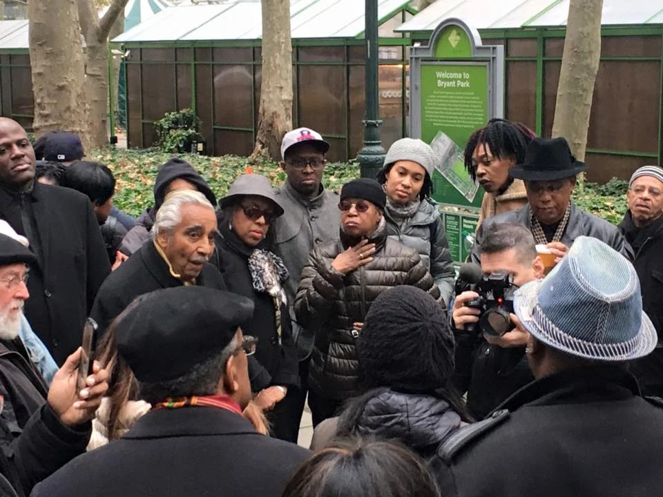 Congressman Charles Rangel addresses the Justice Now! Coalition in Bryant Park, as participants gathered for the action known as “Economic Shutdown 2.0”