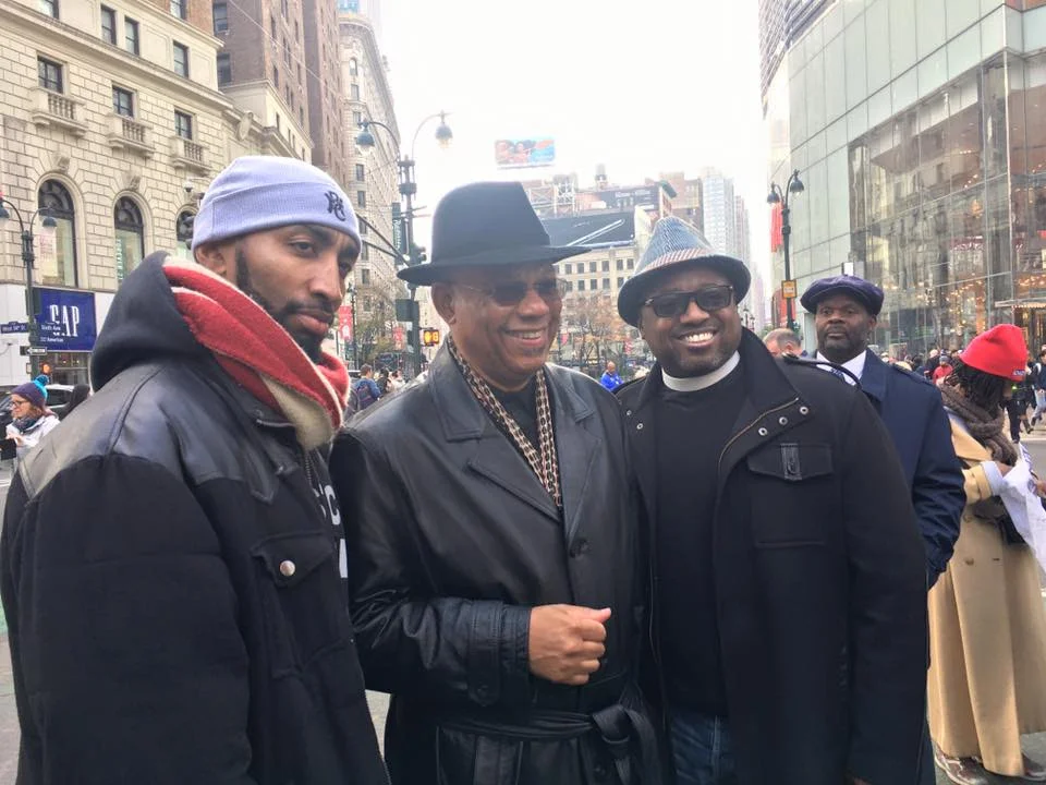 (From left) Mysonne Linen, hip hop artist and member of Justice League NYC, stands with Rev. Calvin Butts of Greater Abyssinian Church and Rev. Adolphus Lacey of Brooklyn’s Bethany Baptist Church.
