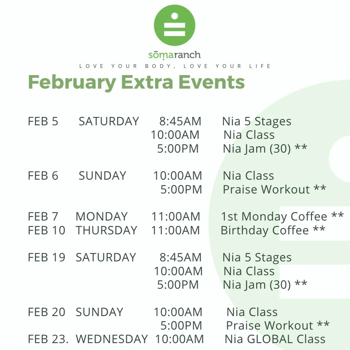 February Extra Special Classes 