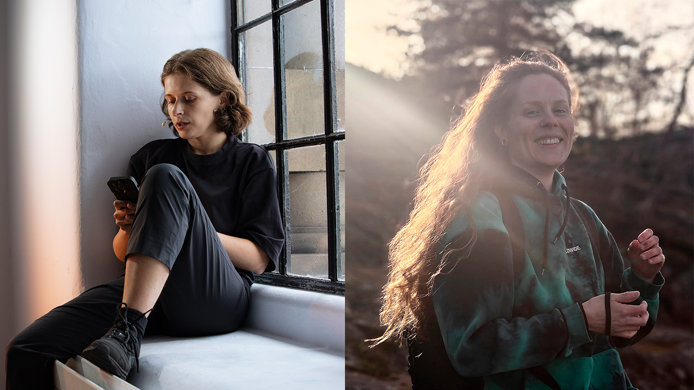 Image of artist Agnė Jokšė sitting in a window sill reading from a mobile phone by Jules Lacave-Fontourcy. Image of Kristiina Mäenpää out in the open landscape with sun on her hair