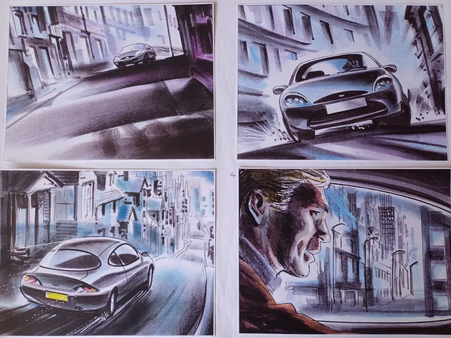 Here's a storyboard I drew for a TV advert. 
Steve McQueen is put back in the driving seat 30 years on in 1998.
This time in a Ford Puma.
The last frame shows his Mustang from Bullitt, BMW motorbike from The Great Escape..and a Ford Puma of course!
A