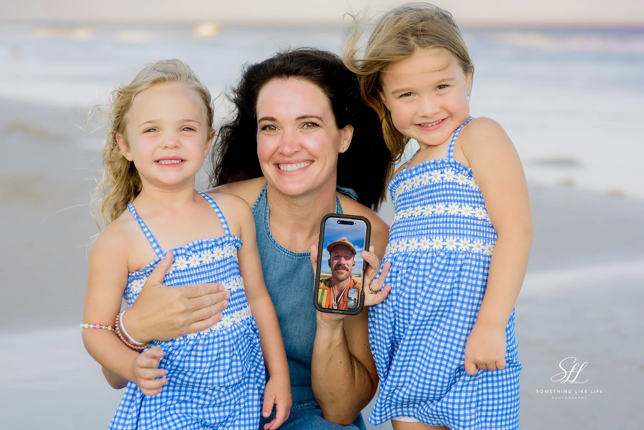 Heartfelt North Myrtle Beach Family Photography | Dad Joins Beach Portrait by Video Call