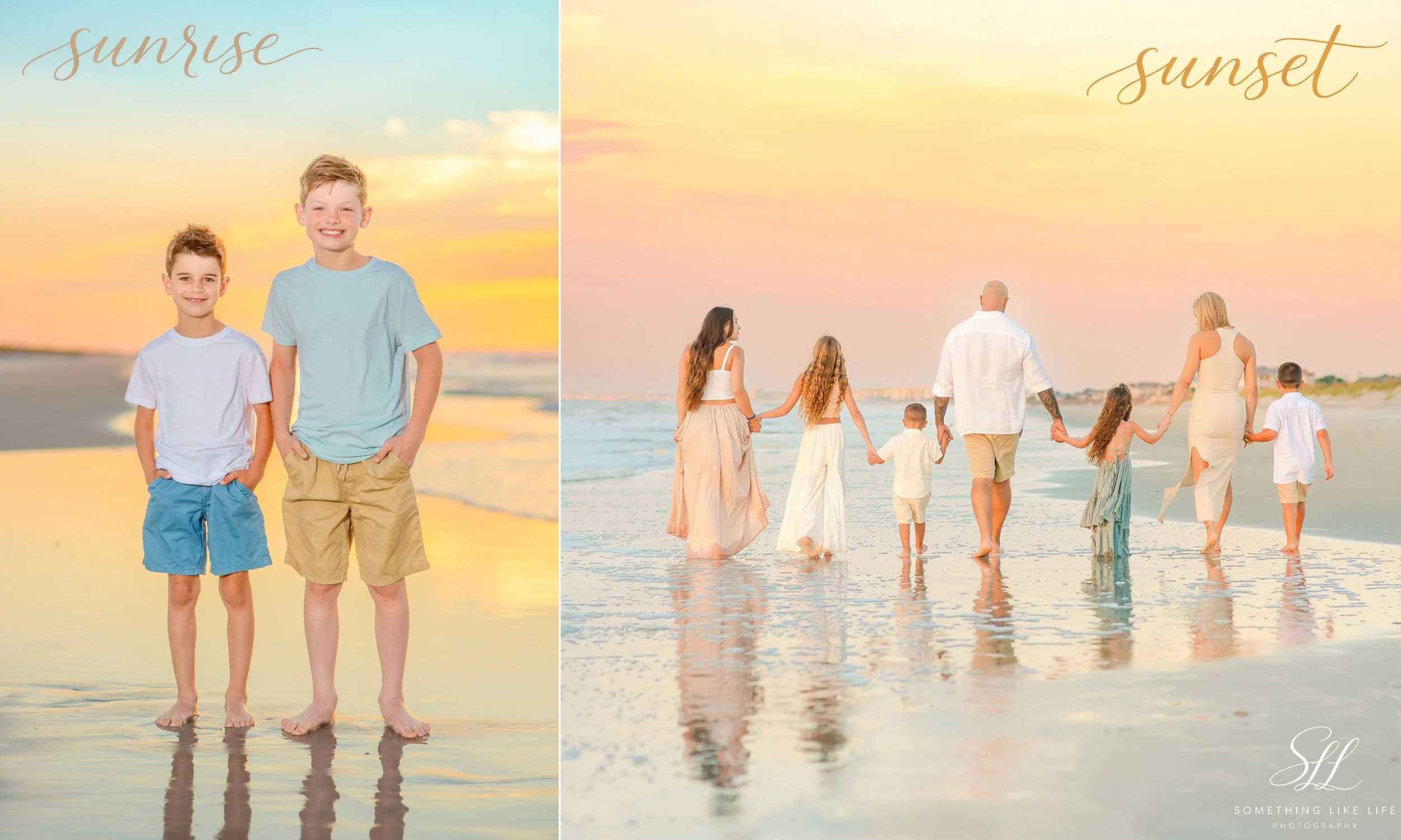 A side-by-side comparison of sunrise and sunset family photography in Myrtle Beach, highlighting differences in lighting, sky tones, and overall mood along the coastline.
