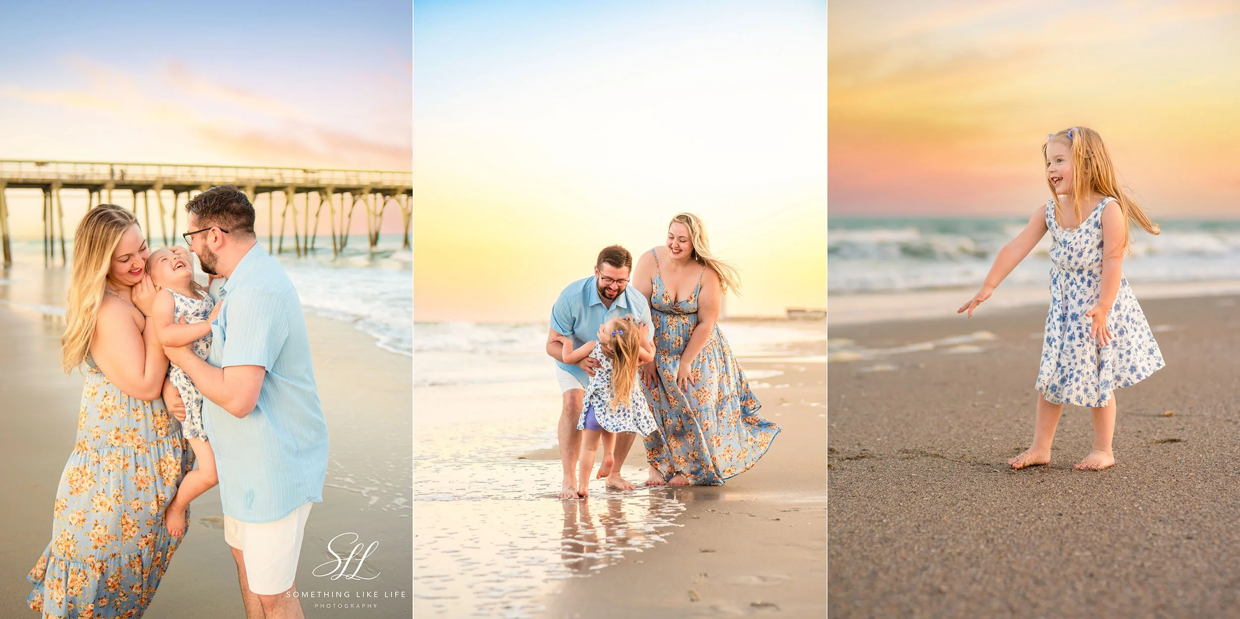 Parents and young child laughing and playing on the shoreline at sunset during a family photo session at Myrtle Beach State Park.