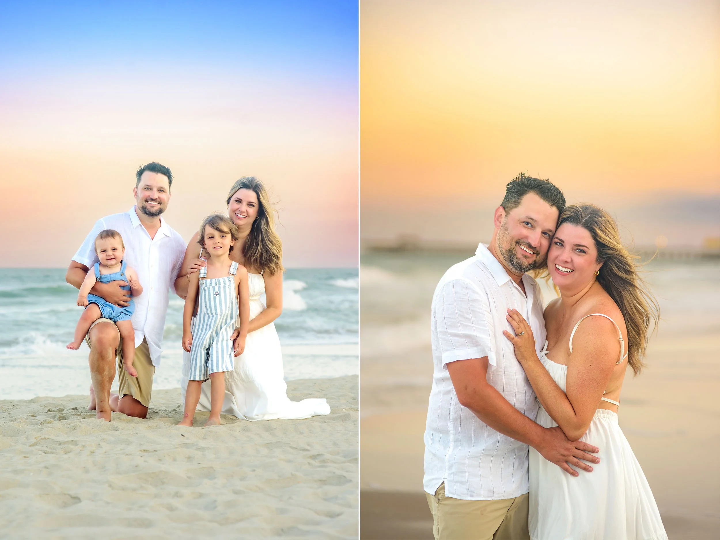 A split image of mom and dad kneeling down at the kids level, and mom & dad hugging in front of the sunset sky.