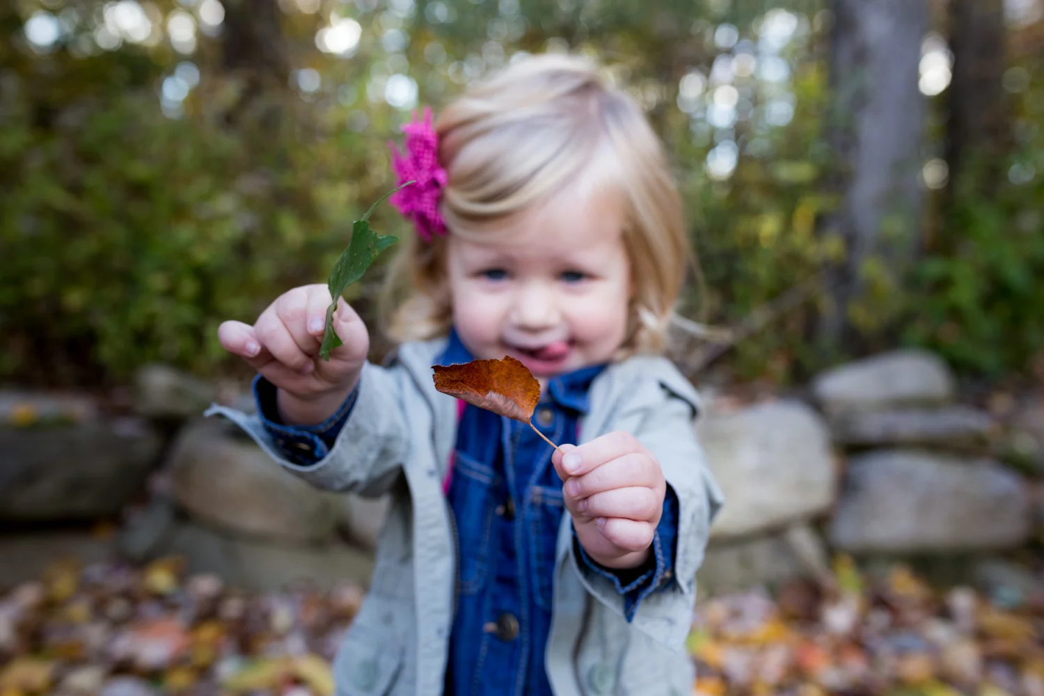 a little blonde girl playing with leaves