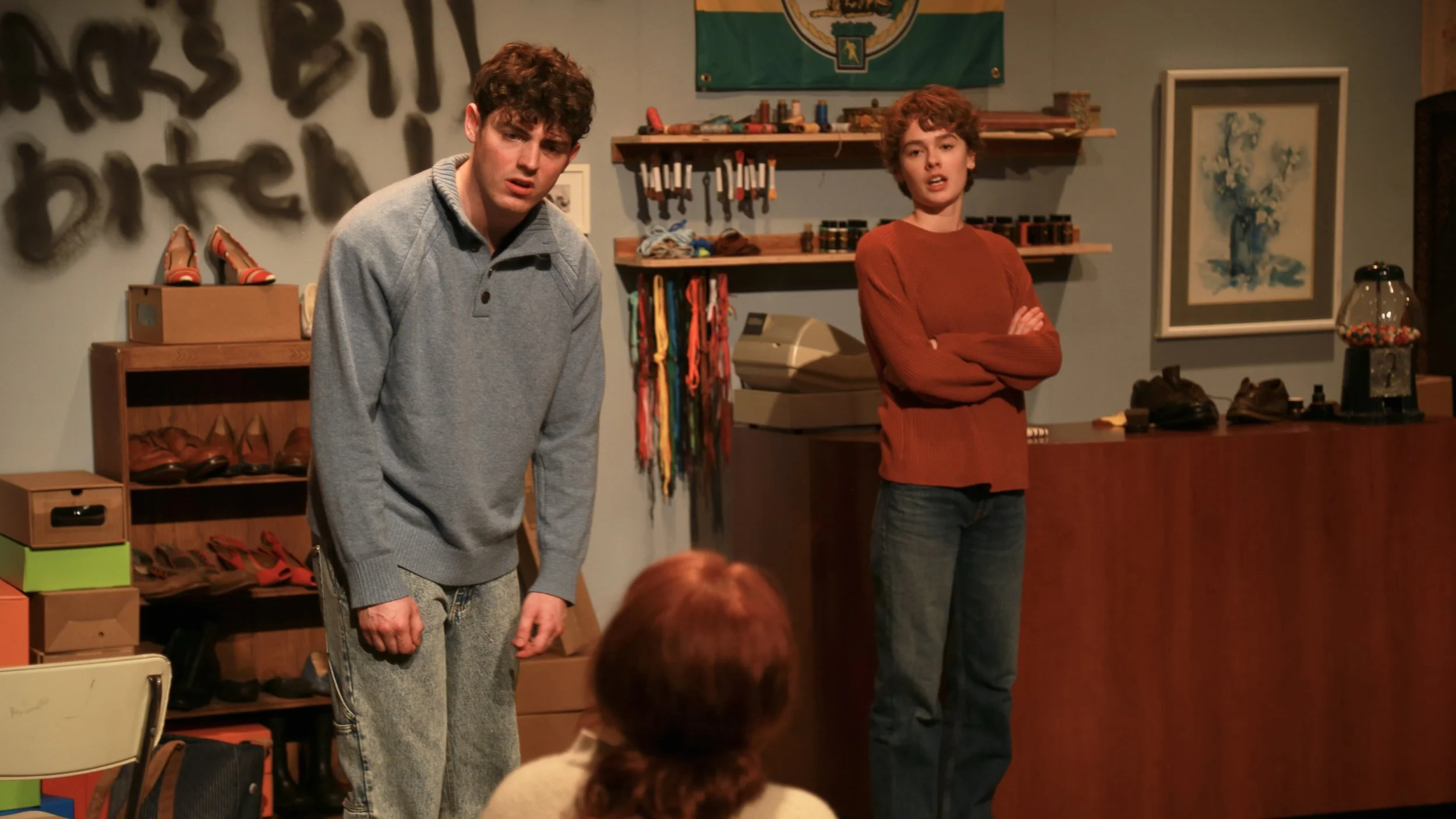  David Daniel Offner (left) Alice Kremelberg (center) and Mies Van Rooijen (right) in Ballybunion Backs Bills! at the Broadwater Main Stage, Hollywood. Photo by Michael Nie 