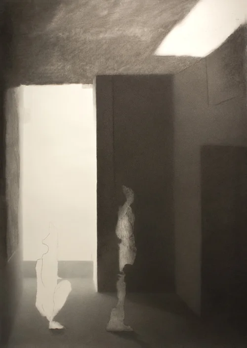 "The Proposal." Charcoal on paper, heightened with white.