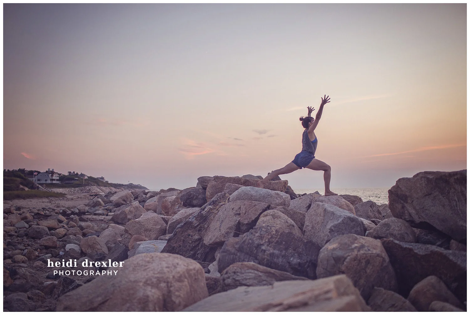 Barre 3 instructor pose on Corporation beach at sunset. 